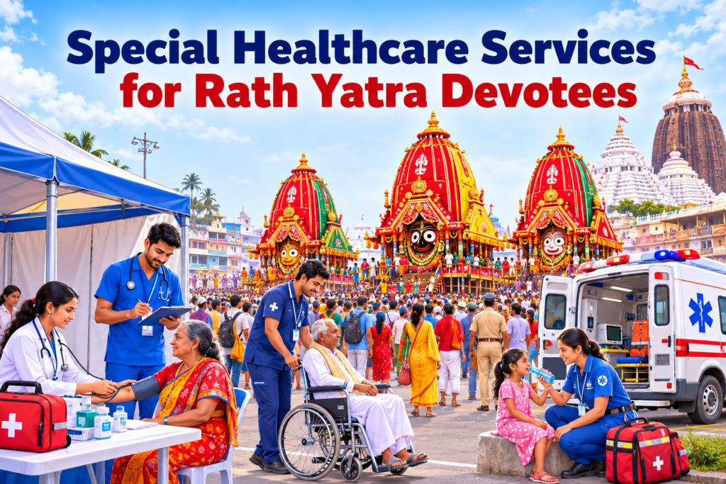 Medical team and ambulance services deployed during Puri Rath Yatra 2026 for devotee safety.