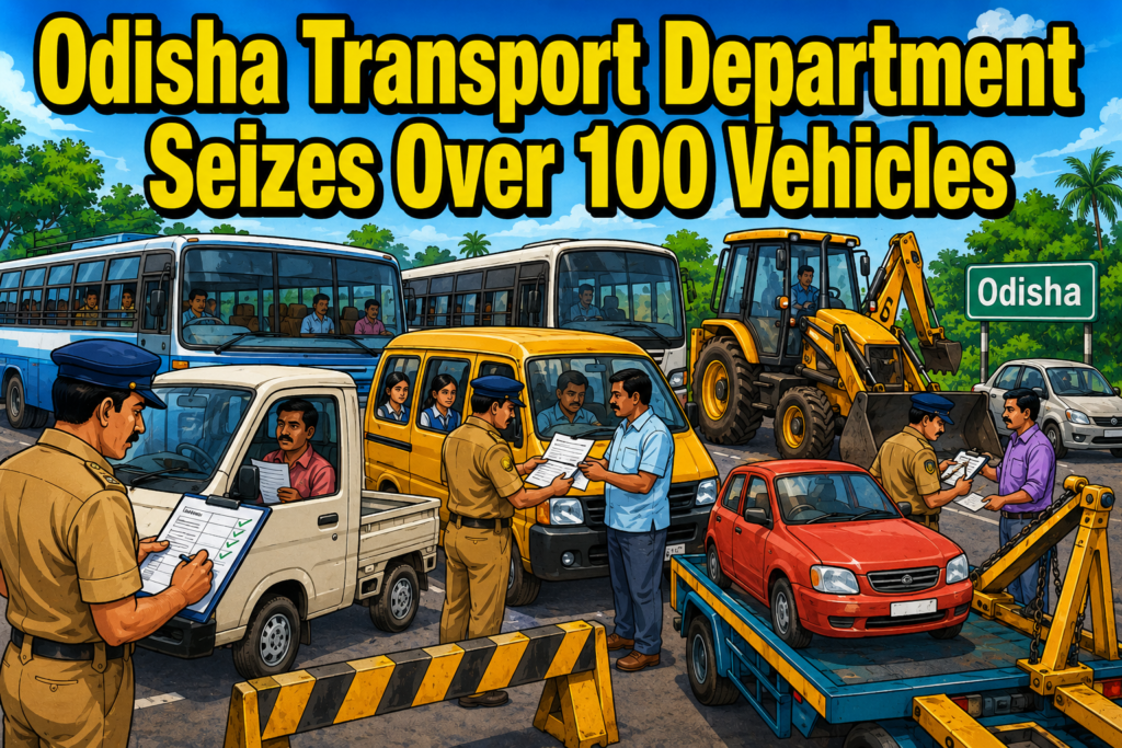 Transport officials inspect vehicles during an enforcement drive in Odisha.