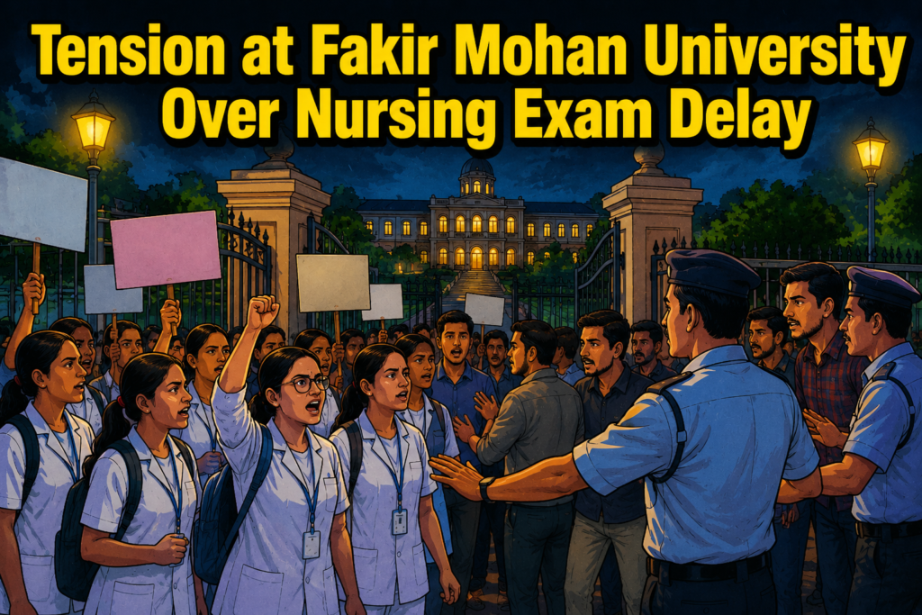Students gather on the Fakir Mohan University campus during a protest over delayed nursing examinations in Balasore.