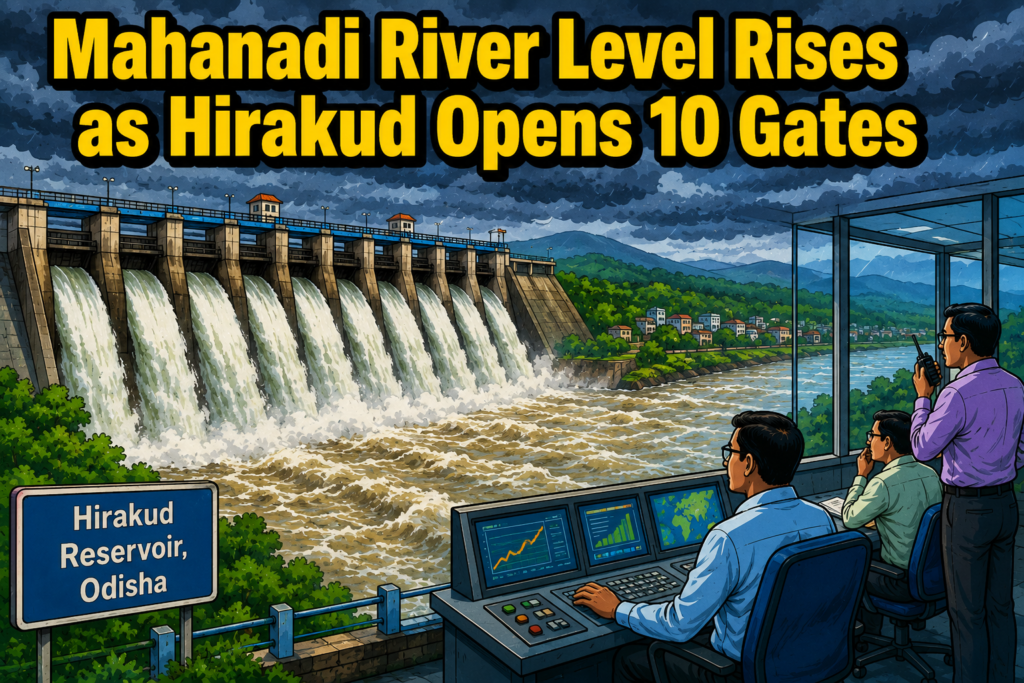 Floodwater being released from Hirakud Reservoir into the Mahanadi River in Odisha through multiple sluice gates.