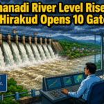 Floodwater being released from Hirakud Reservoir into the Mahanadi River in Odisha through multiple sluice gates.