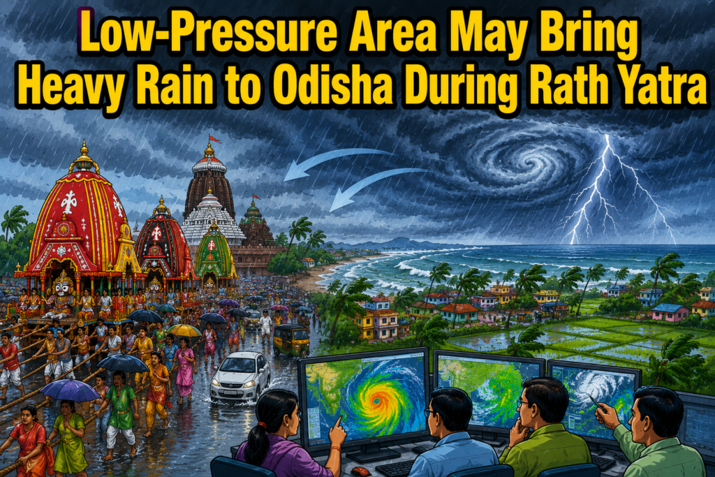 Dark monsoon clouds gather over Odisha as a low-pressure area is expected to form over the Bay of Bengal.