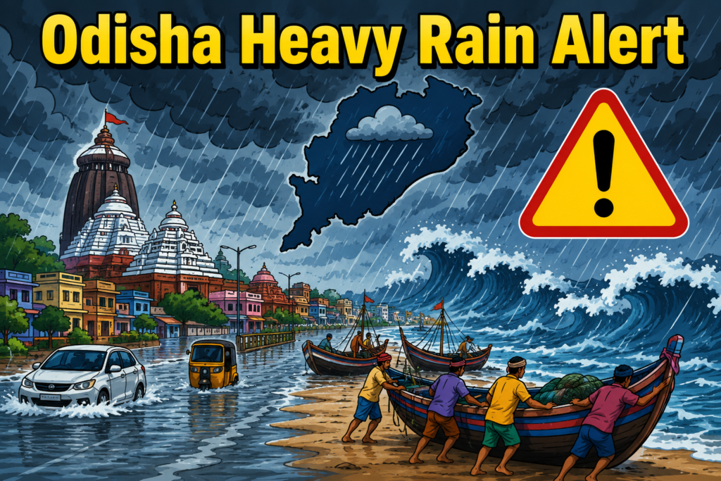 Dark rain clouds over Odisha as IMD issues heavy rainfall warning due to a developing low-pressure system.