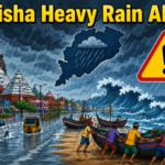 Dark rain clouds over Odisha as IMD issues heavy rainfall warning due to a developing low-pressure system.