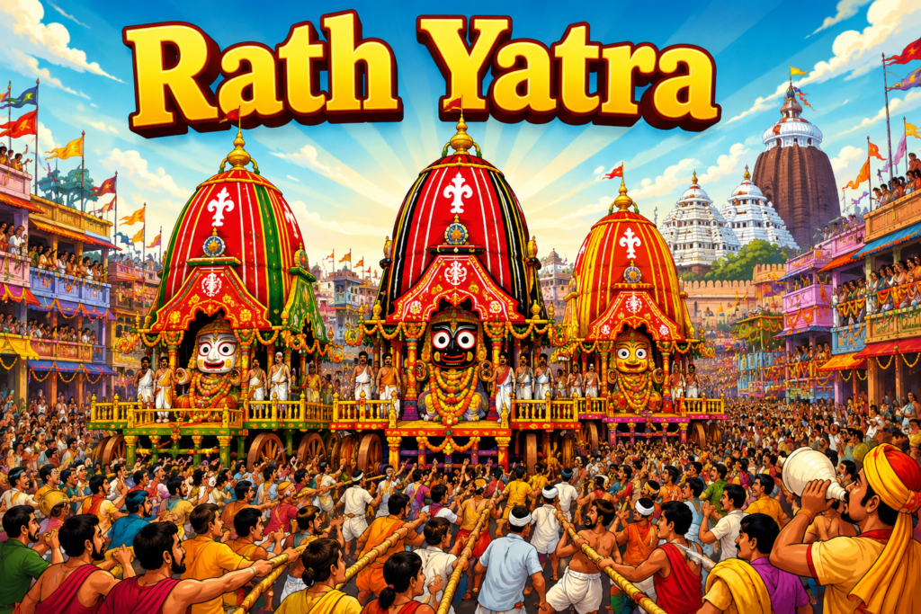 Devotees gather in Puri to witness and participate in the annual Rath Yatra procession.