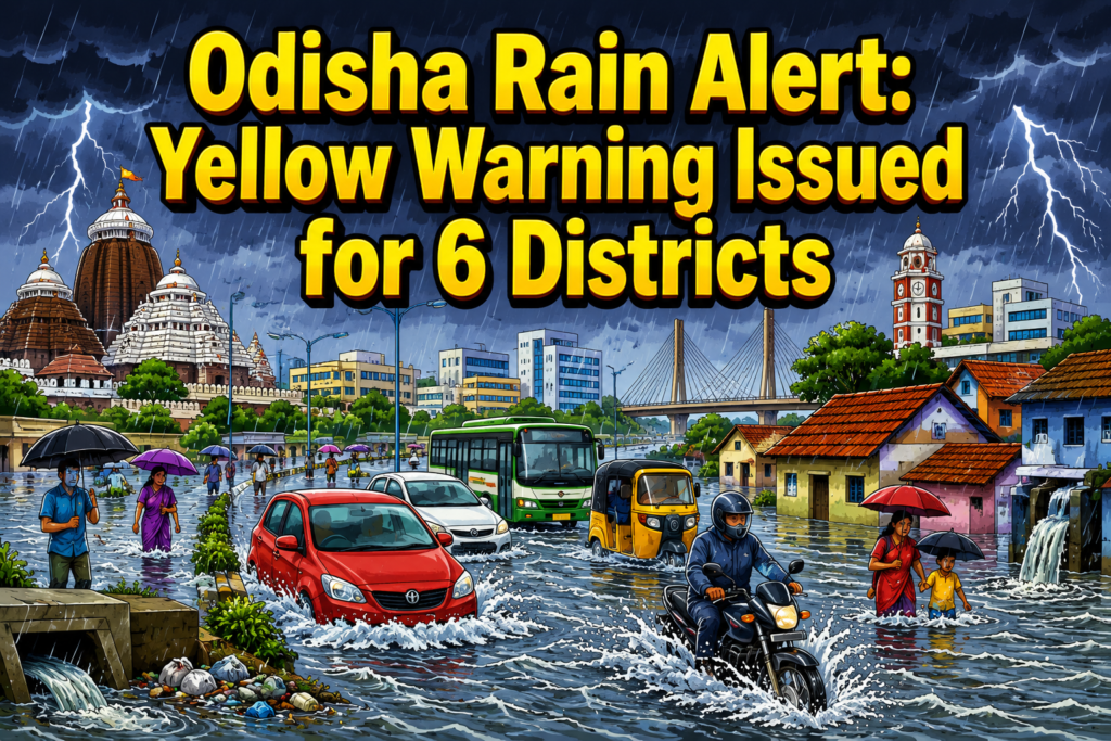 Rain-soaked streets with vehicles moving through waterlogged roads in Odisha after continuous rainfall.