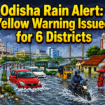 Rain-soaked streets with vehicles moving through waterlogged roads in Odisha after continuous rainfall.
