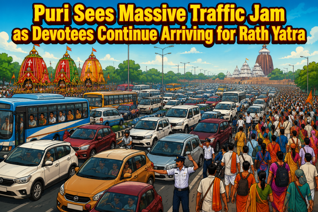 Long queues of vehicles near Malatipatpur on the Bhubaneswar–Puri route during heavy traffic ahead of Rath Yatra.