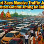 Long queues of vehicles near Malatipatpur on the Bhubaneswar–Puri route during heavy traffic ahead of Rath Yatra.
