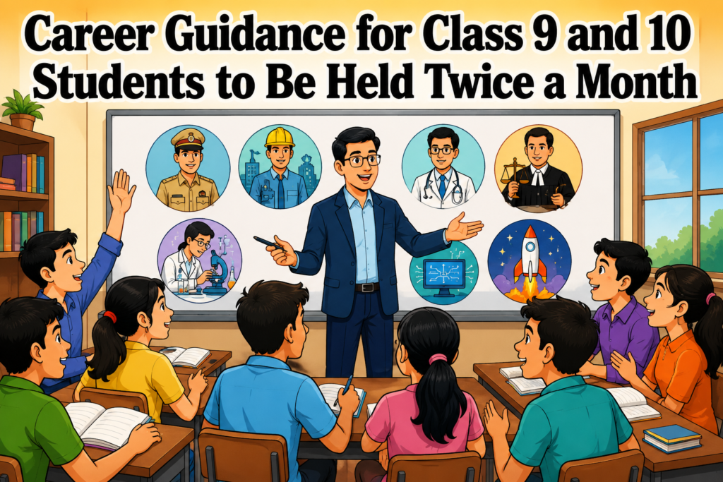 Students attending a career guidance session in a classroom with a teacher explaining different career opportunities.