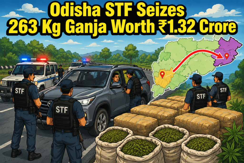 Odisha STF officials seize 263 kg of ganja after intercepting a suspected smuggling vehicle during a highway operation.