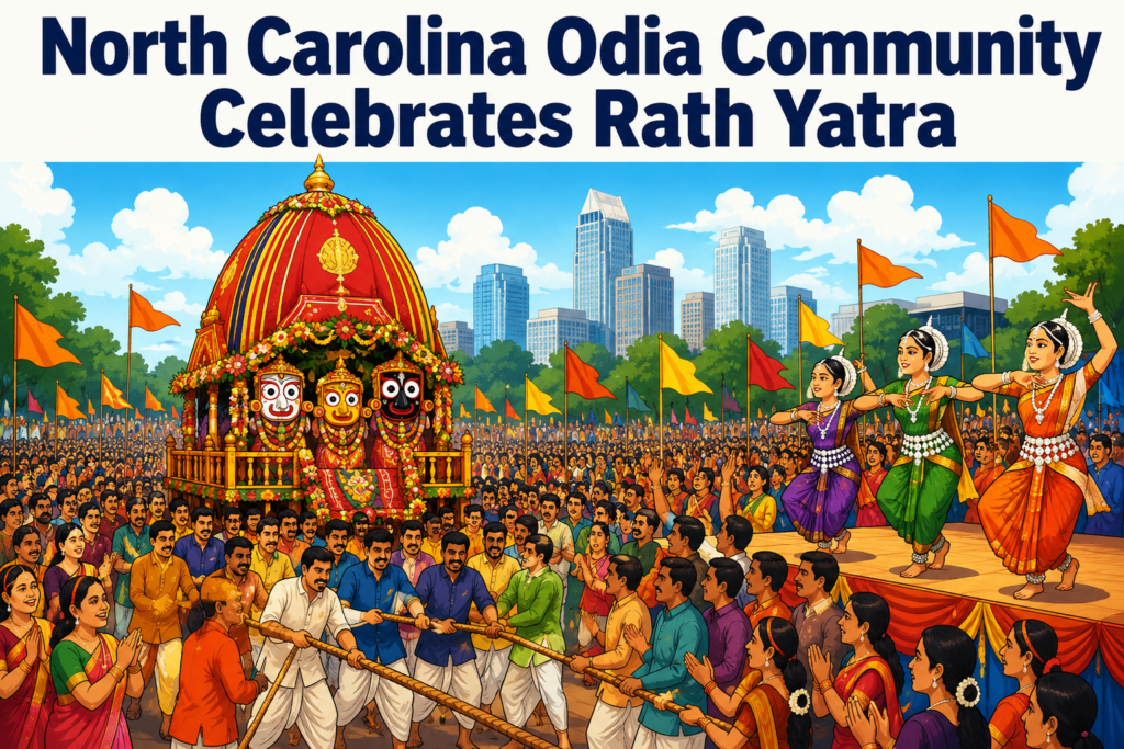 Devotees participating in the Rath Yatra celebration organized by the Odia community in North Carolina following Puri traditions.