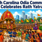 Devotees participating in the Rath Yatra celebration organized by the Odia community in North Carolina following Puri traditions.