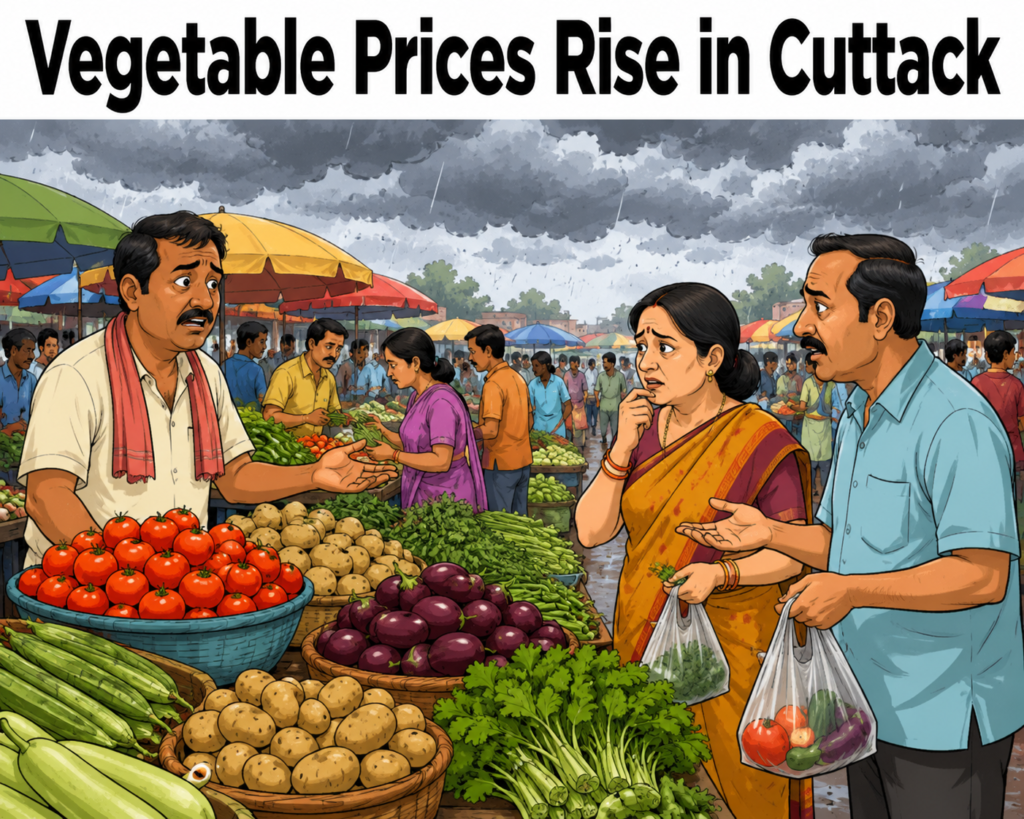 Customers buying vegetables at Chhatra Bazaar in Cuttack amid rising vegetable prices following rainfall.