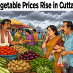 Customers buying vegetables at Chhatra Bazaar in Cuttack amid rising vegetable prices following rainfall.