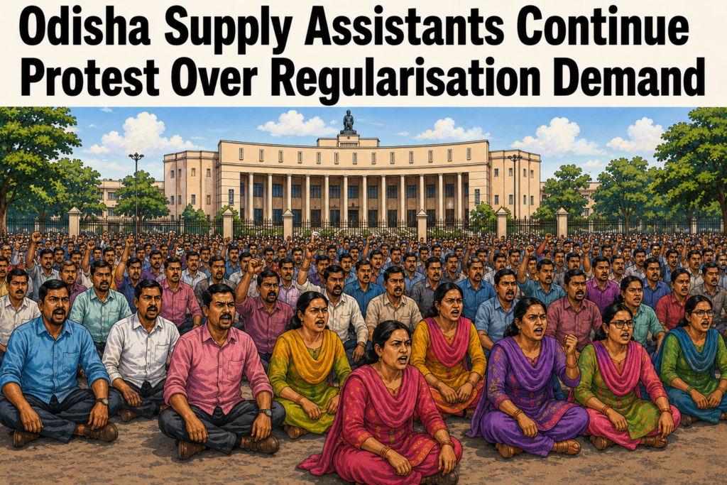 Odisha supply assistants staging a protest outside the Odisha Legislative Assembly demanding regularisation.