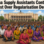 Odisha supply assistants staging a protest outside the Odisha Legislative Assembly demanding regularisation.