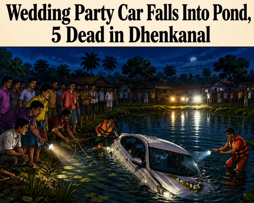 Wedding party car submerged in a pond after a tragic accident near Indipur–Chhatia in Dhenkanal, Odisha.
