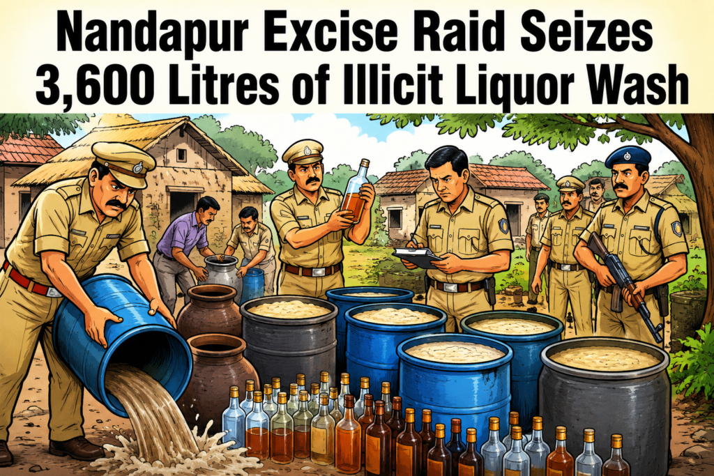 Excise officials destroy seized fermented wash and country liquor during a raid at Bimariput village in Nandapur.