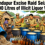 Excise officials destroy seized fermented wash and country liquor during a raid at Bimariput village in Nandapur.