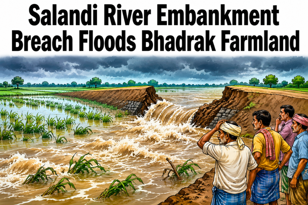 Floodwater entering agricultural fields after the Salandi River embankment breach near Lanjatara in Bhadrak district.