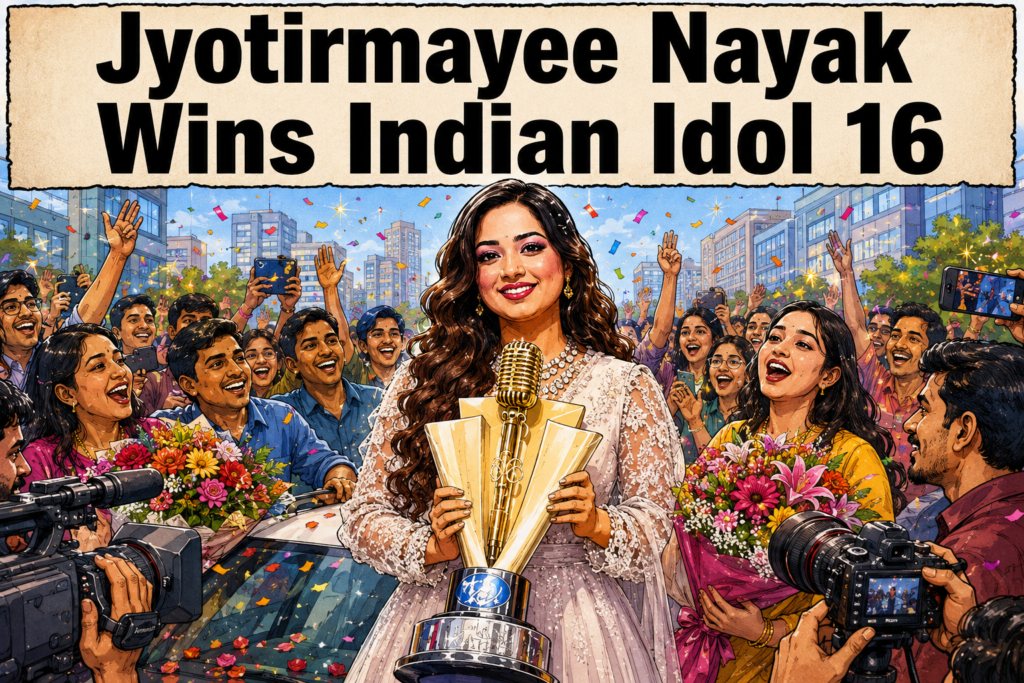 Indian Idol Season 16 winner Jyotirmayee Nayak holding her winner's trophy after arriving in Bhubaneswar.