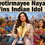 Indian Idol Season 16 winner Jyotirmayee Nayak holding her winner's trophy after arriving in Bhubaneswar.