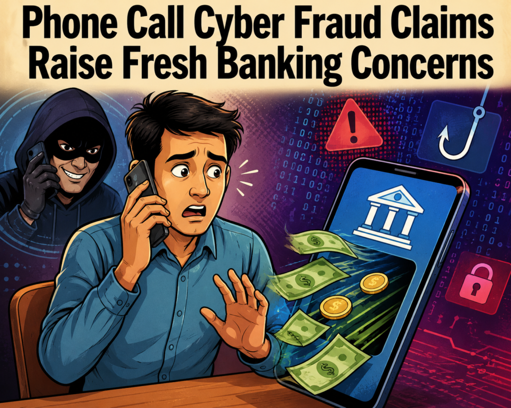 Illustration depicting a cyber fraud warning involving suspicious phone calls and unauthorized bank transactions.