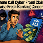 Illustration depicting a cyber fraud warning involving suspicious phone calls and unauthorized bank transactions.