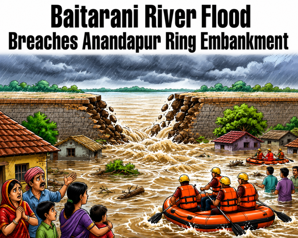 Floodwaters near the breached Anandapur Ring Embankment after the Baitarani River crossed the danger mark in North Odisha.