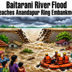 Floodwaters near the breached Anandapur Ring Embankment after the Baitarani River crossed the danger mark in North Odisha.