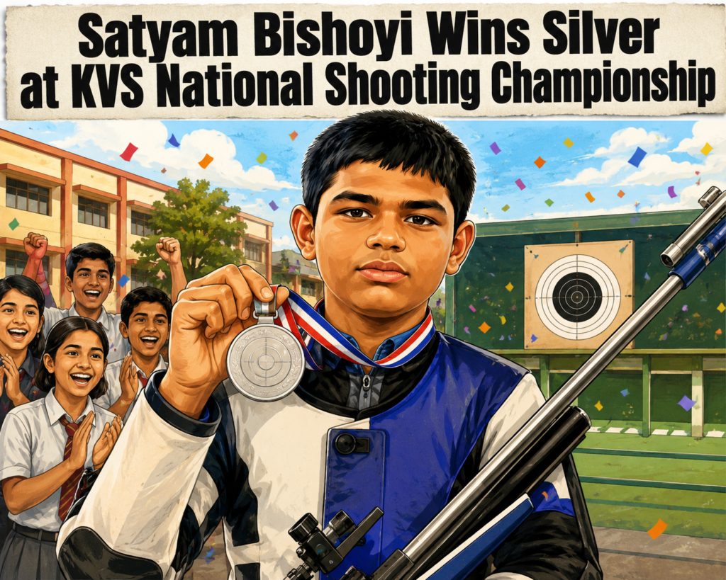 Satyam Bishoyi receives a warm welcome after winning a silver medal at the KVS National Shooting Championship.