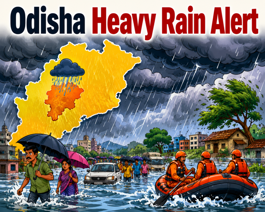 Dark rain clouds over Odisha as heavy rainfall continues with Orange Alert for Bargarh district.