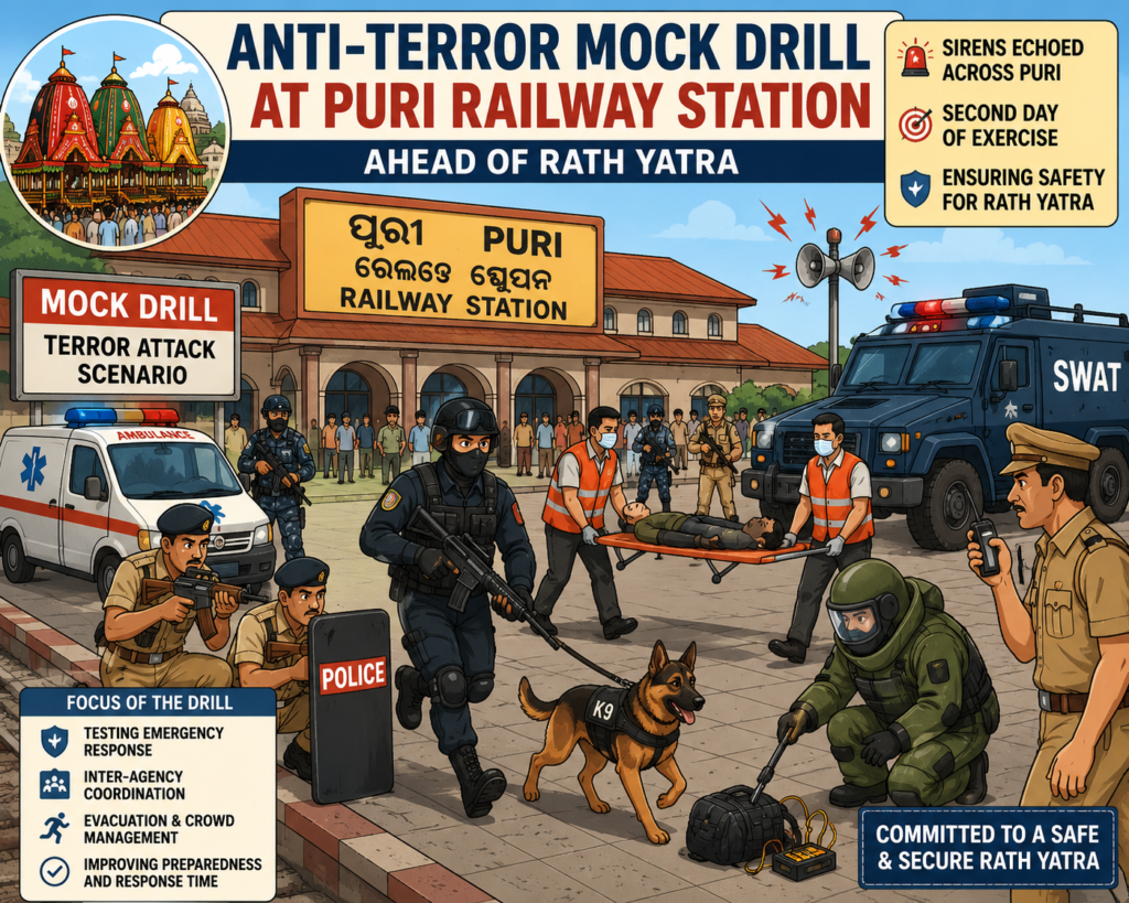 Anti-Terror Mock Drill Conducted at Puri Railway Station Ahead of Rath Yatra