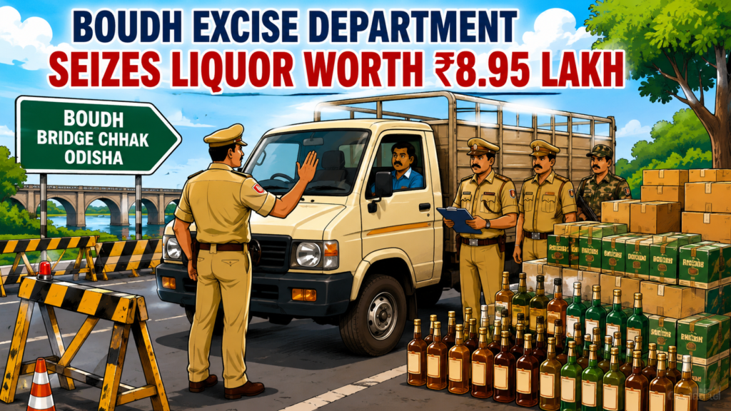 Excise officials inspect seized liquor bottles and pickup vehicle during a raid near Boudh Bridge Chhak in Odisha.
