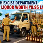 Excise officials inspect seized liquor bottles and pickup vehicle during a raid near Boudh Bridge Chhak in Odisha.