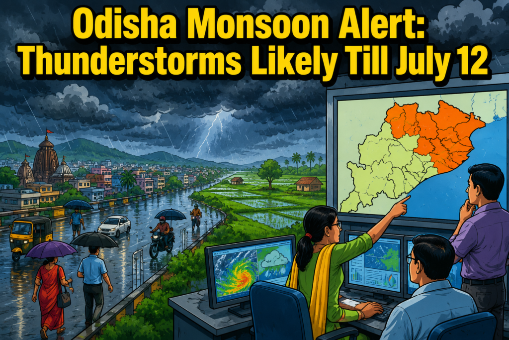 Dark monsoon clouds over Odisha as rain and thunderstorms continue across several districts.