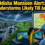 Dark monsoon clouds over Odisha as rain and thunderstorms continue across several districts.