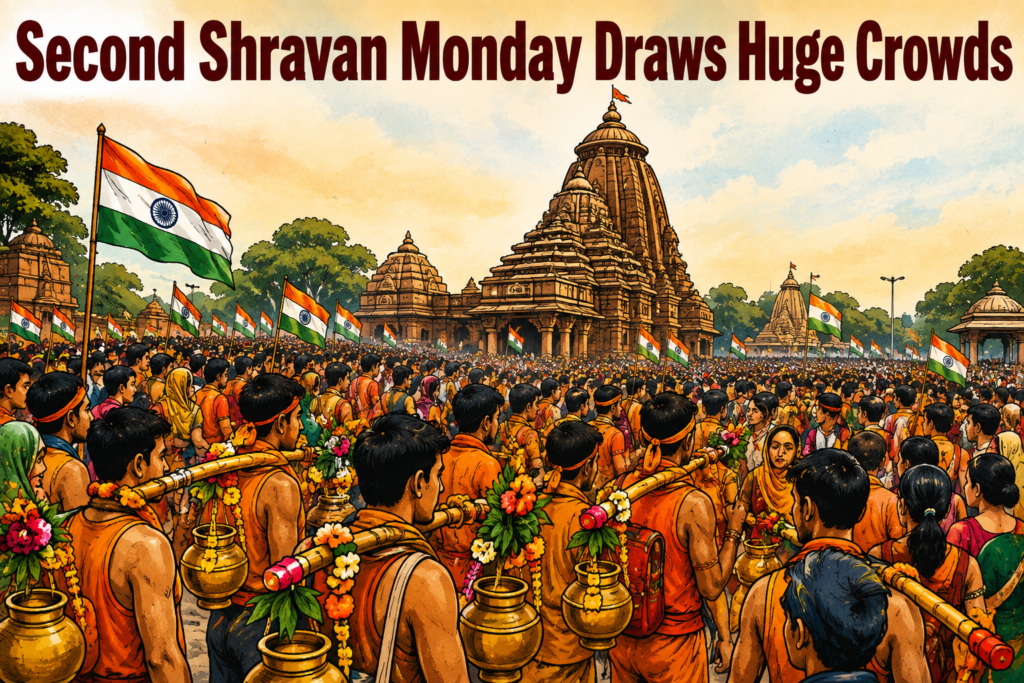 Devotees and Kanwariyas gather at Lingaraj Temple in Bhubaneswar on the second Shravan Monday