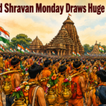 Devotees and Kanwariyas gather at Lingaraj Temple in Bhubaneswar on the second Shravan Monday
