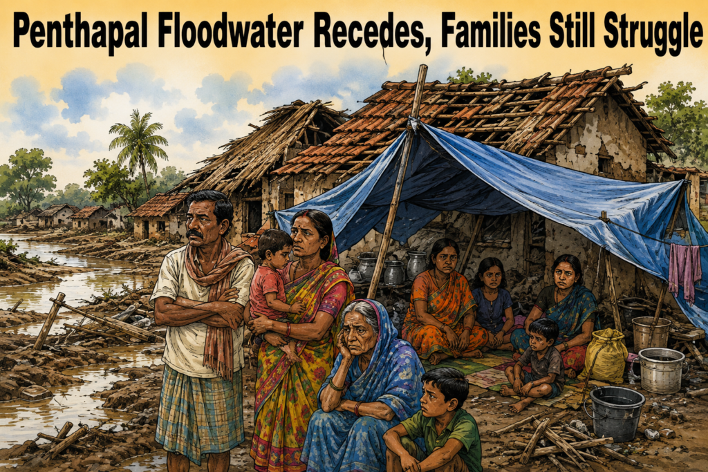 Flood-affected families living under tarpaulin sheets in Kolathia village of Kendrapara