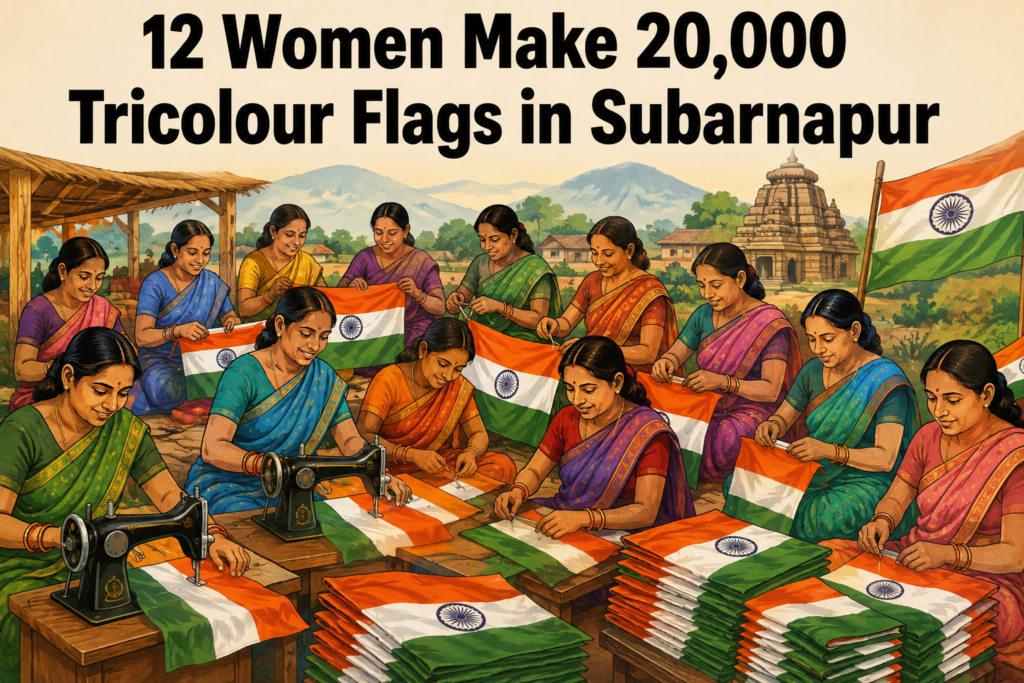 Women from Binika making Tricolour flags ahead of Independence Day in Subarnapur
