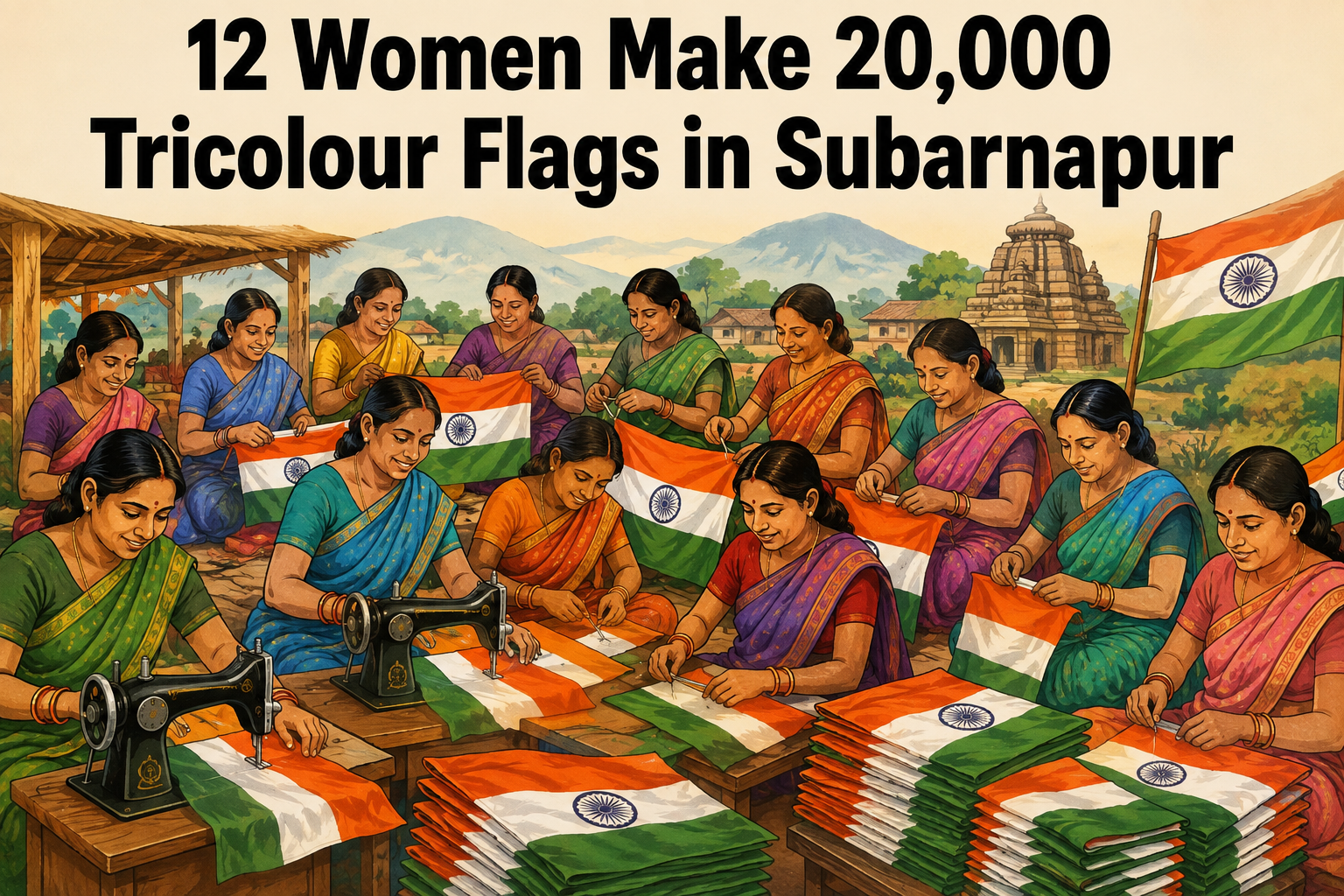 Women from Binika making Tricolour flags ahead of Independence Day in Subarnapur