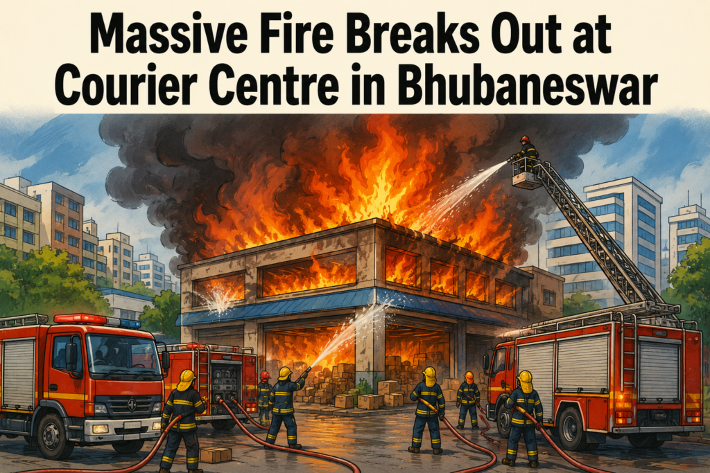 Firefighters battling a blaze at a courier service centre in Jaydev Vihar, Bhubaneswar