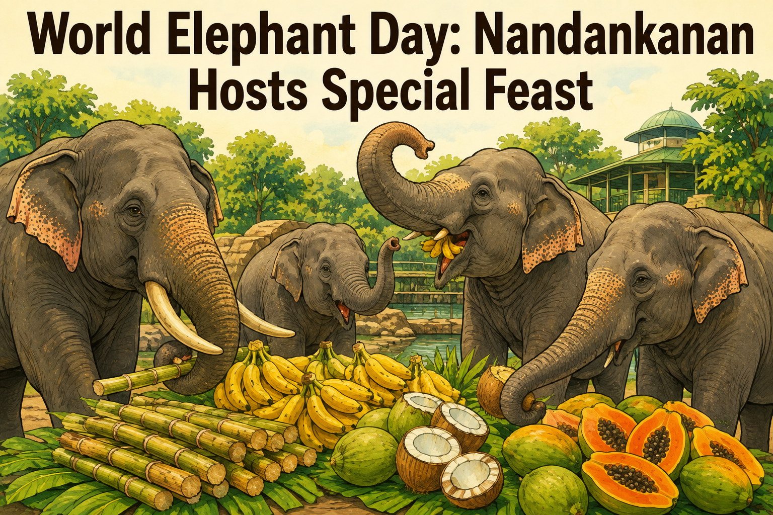 Elephants enjoy fresh fruits and vegetables at Nandankanan Zoological Park on World Elephant Day