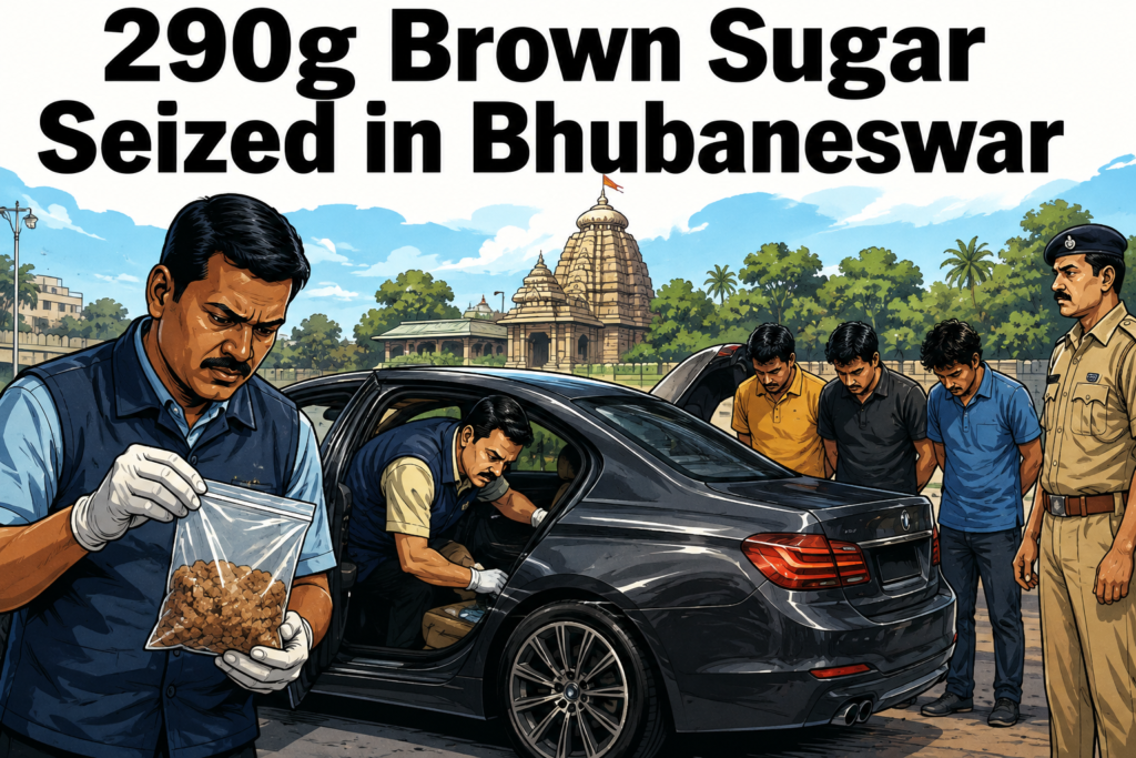 Excise officials seize brown sugar and a luxury car near Akhandalamani Temple in BJB Nagar, Bhubaneswar