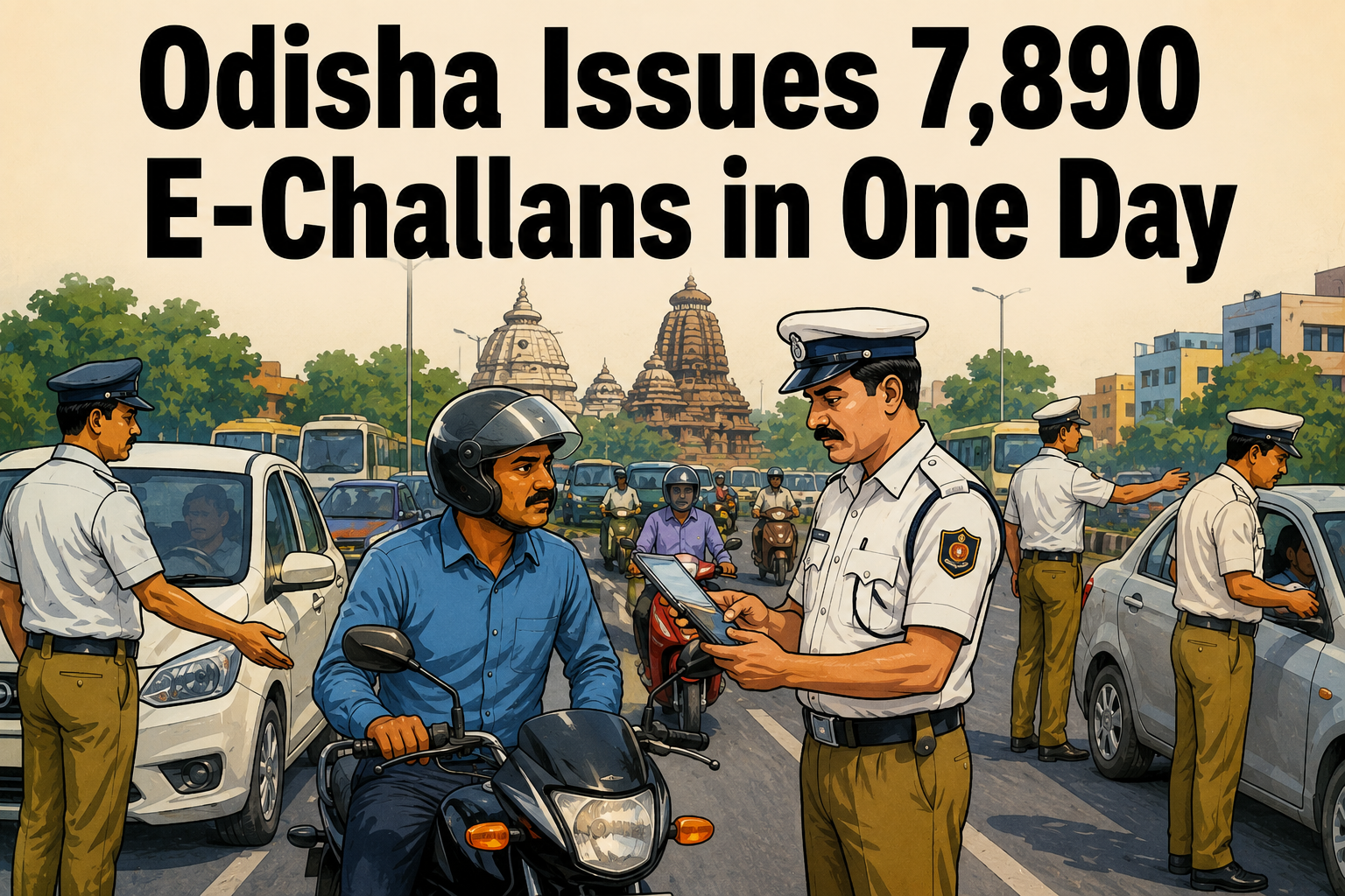 Odisha traffic authorities issue e-challans during a road safety enforcement drive