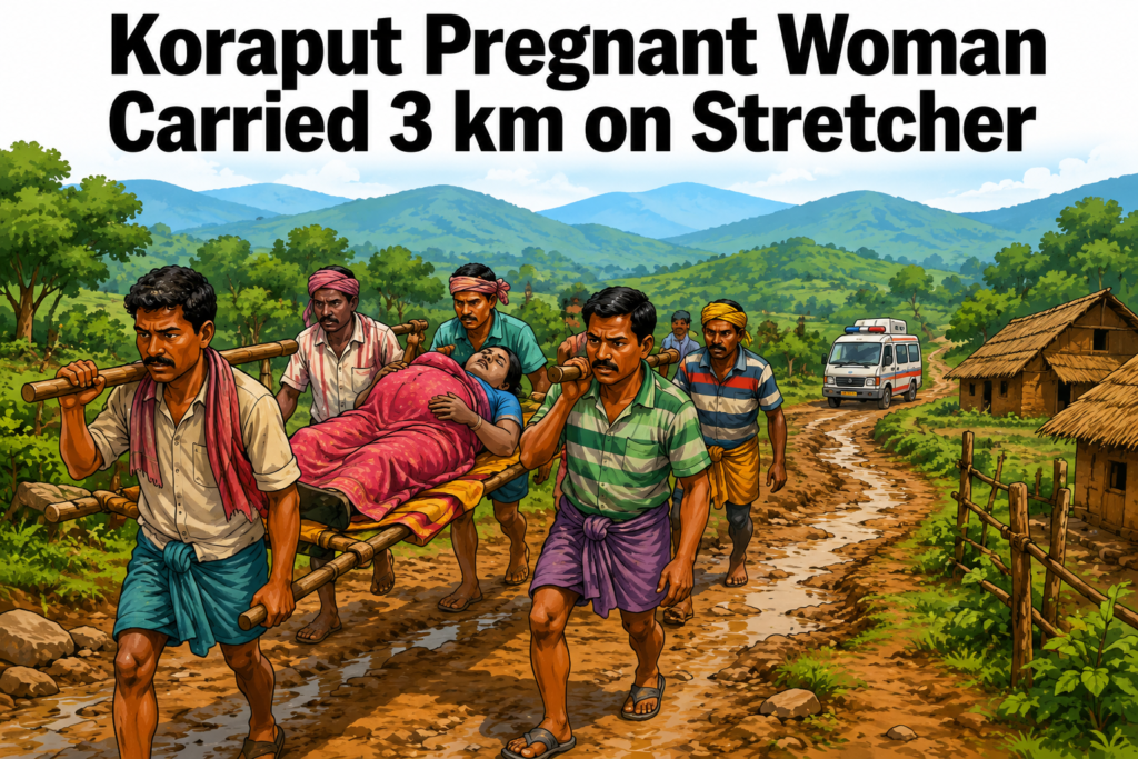 Family members carrying a pregnant woman on a stretcher through a rural path in Koraput district.