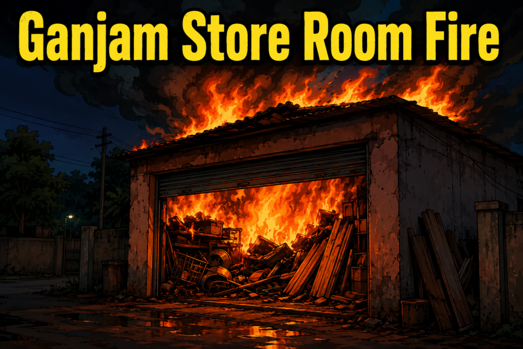Fire breaks out at a store room containing scrap materials and wooden planks at Panda Chhak in Ganjam