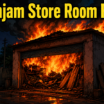 Fire breaks out at a store room containing scrap materials and wooden planks at Panda Chhak in Ganjam